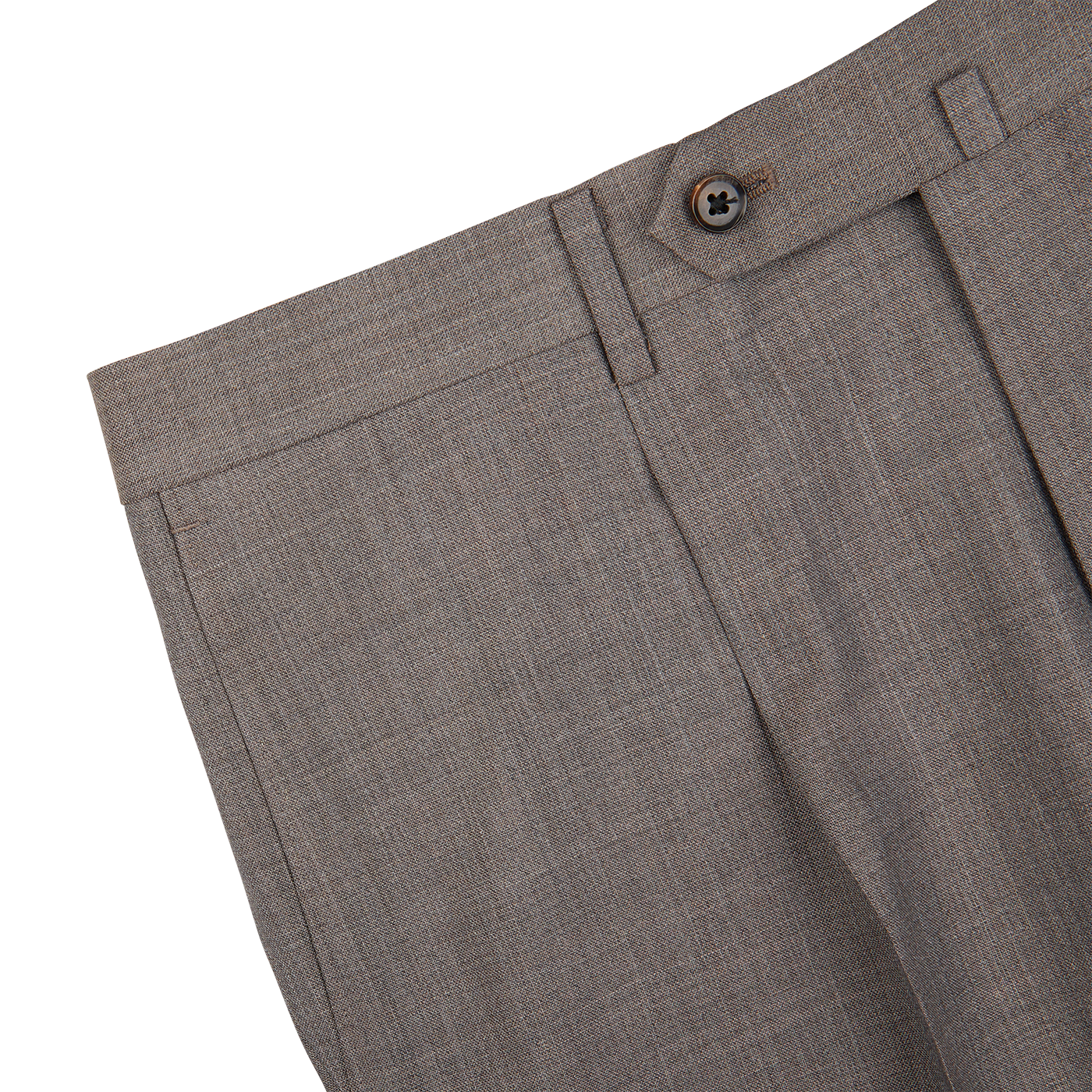 Close-up view of brown woolen dress pants with button closure from Ring Jacket Mid Grey High-Twist Wool Suit.