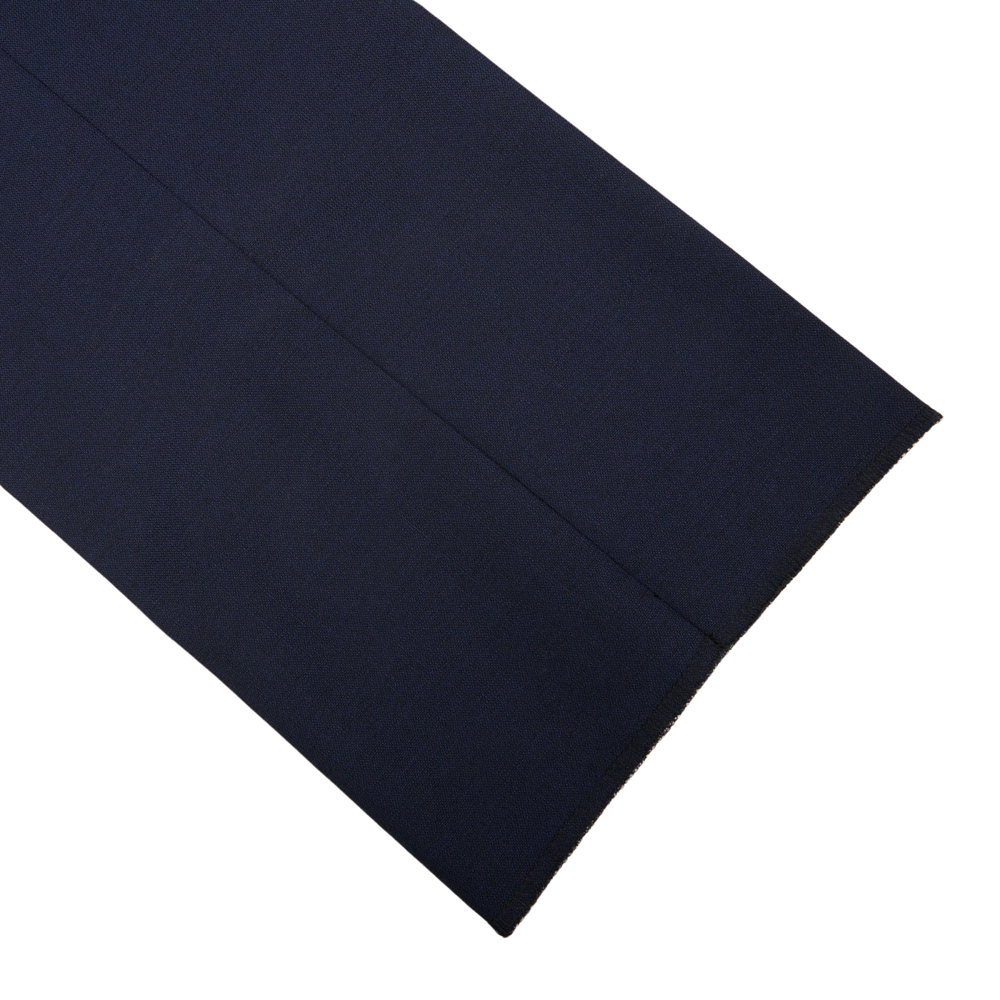 Close-up of a Ring Jacket navy blue high twist wool suit fabric with a raw, frayed edge against a white background.