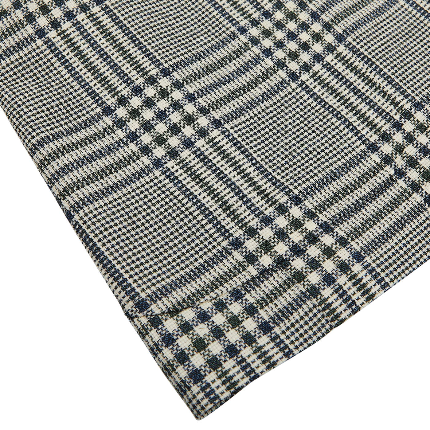 Close-up of a Ring Jacket Blue Green Glen Check Balloon Wool Blazer with a black and white houndstooth pattern.