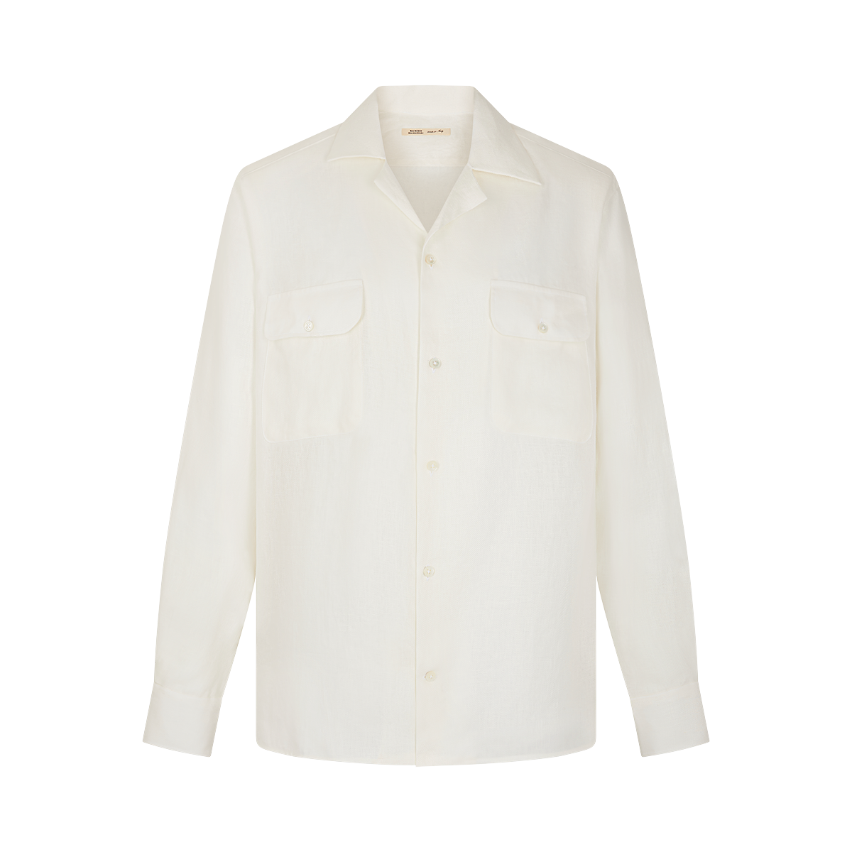 The Maurizio Baldassari White Linen Army Shirt features long sleeves, a pointed collar, two chest flap pockets, buttoned cuffs, and a relaxed fit for a classic minimalist look. Displayed against a plain white background. , available at Richard Gelding Mayfair