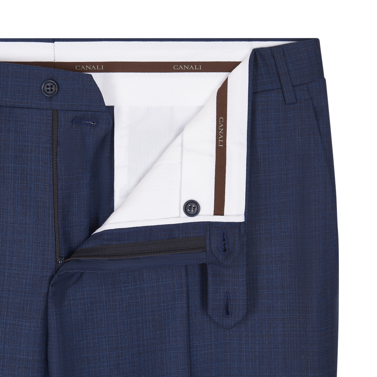 A close-up of the Canali Mid Blue Micro Design Wool Suit pants, partially unbuttoned and unzipped to reveal the white inner waistband with CANALI branding and dark blue buttons. A subtle micro design pattern completes this men's formalwear piece. , available at Richard Gelding Mayfair