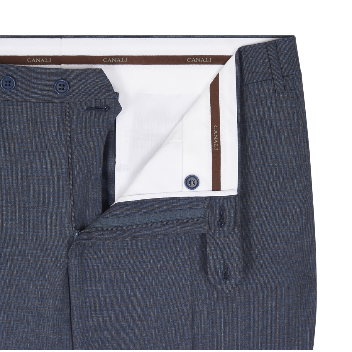 Close-up of Canali's Blue Texture Design Wool Suit trousers, featuring a subtle plaid pattern, open waistband with white branded lining, belt loops, zipper fly, and blue buttons—ideal for men’s formalwear. , available at Richard Gelding Mayfair
