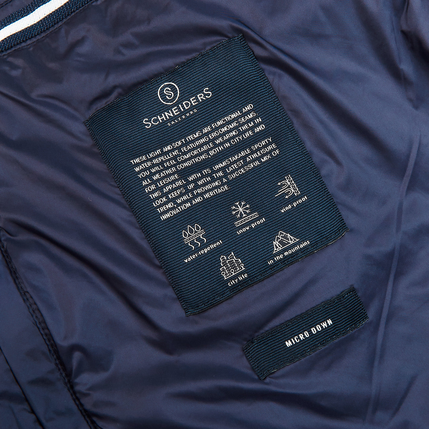 Schneiders Navy Melange Technical Micro Down Jacket Tag