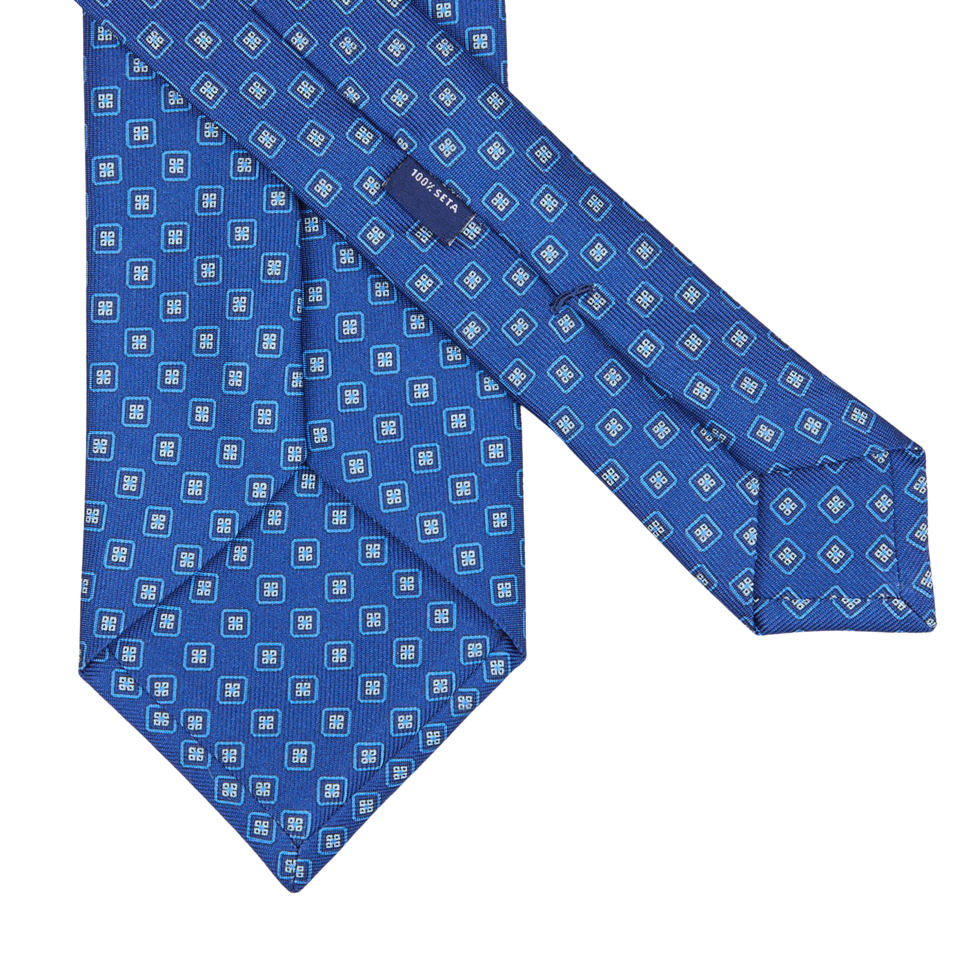 A Blue Geometric Printed Silk Tie by Silvio Fiorello.