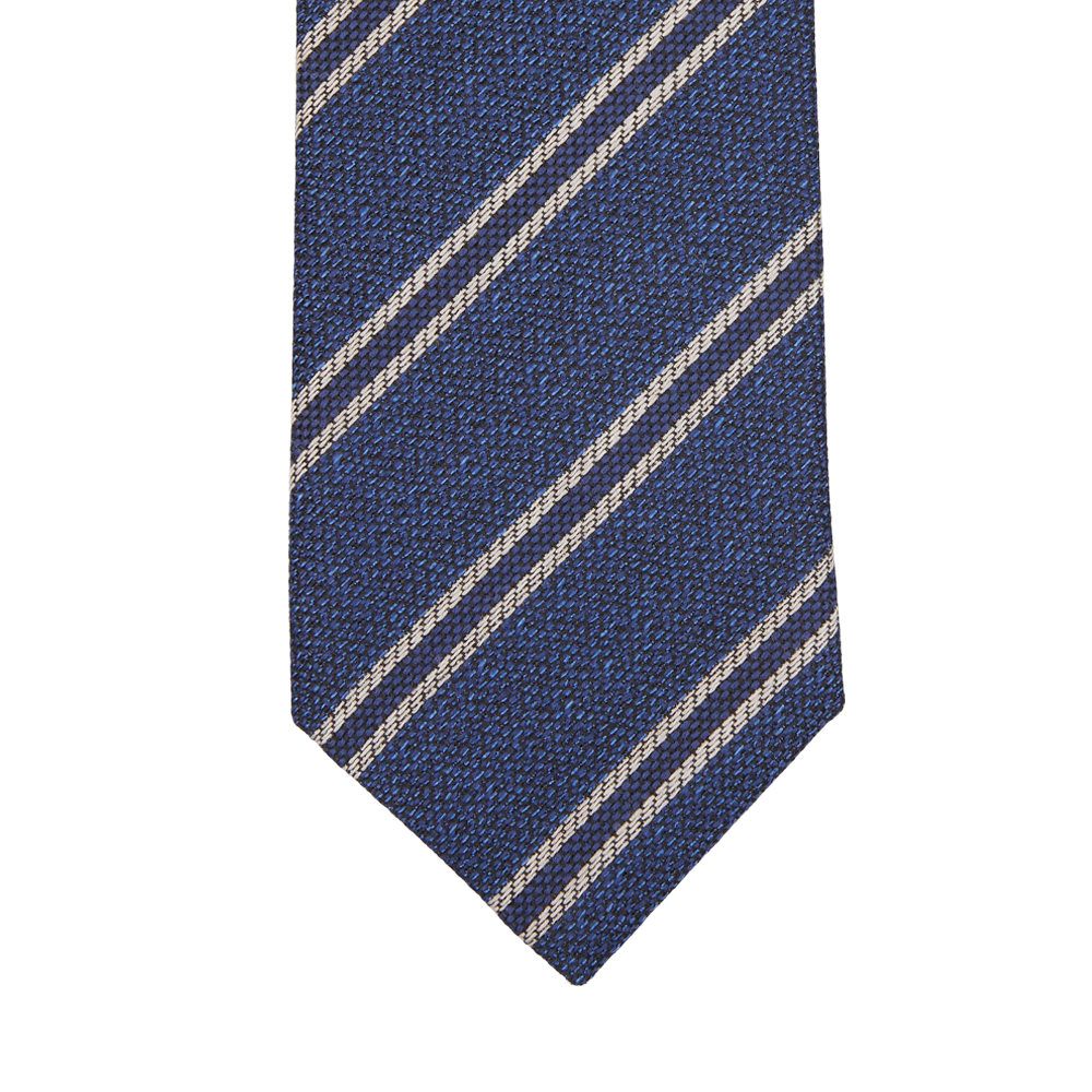 Silvio Fiorello's Blue Striped Silk Cotton Wool Tie, made in Italy, is showcased on a white background.