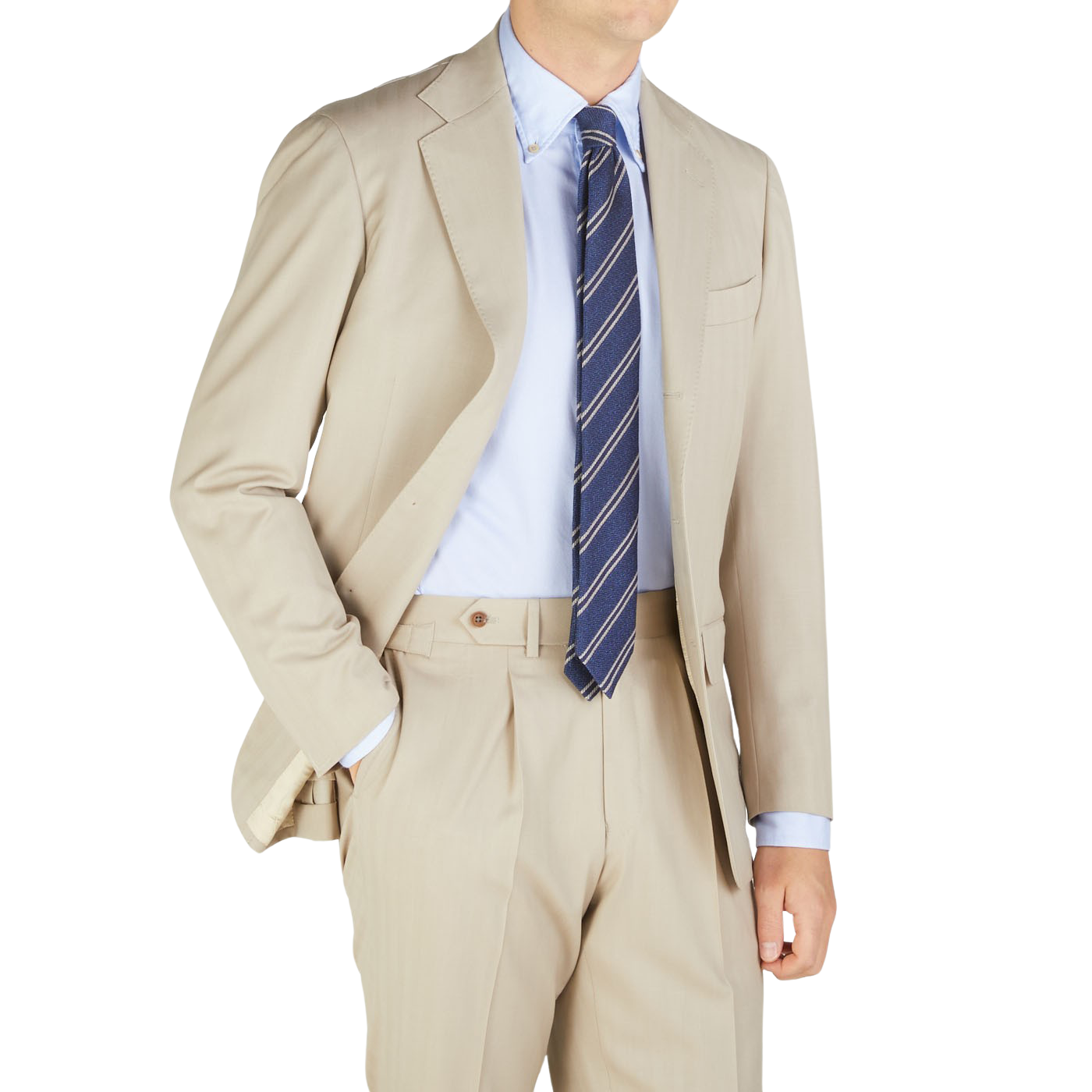 A man wearing a tan suit and Silvio Fiorello's Blue Striped Silk Cotton Wool Tie.