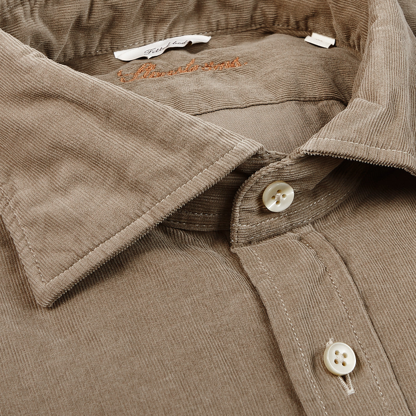 Stenströms Dark Taupe Cotton Corduroy Fitted Body Shirt Closed