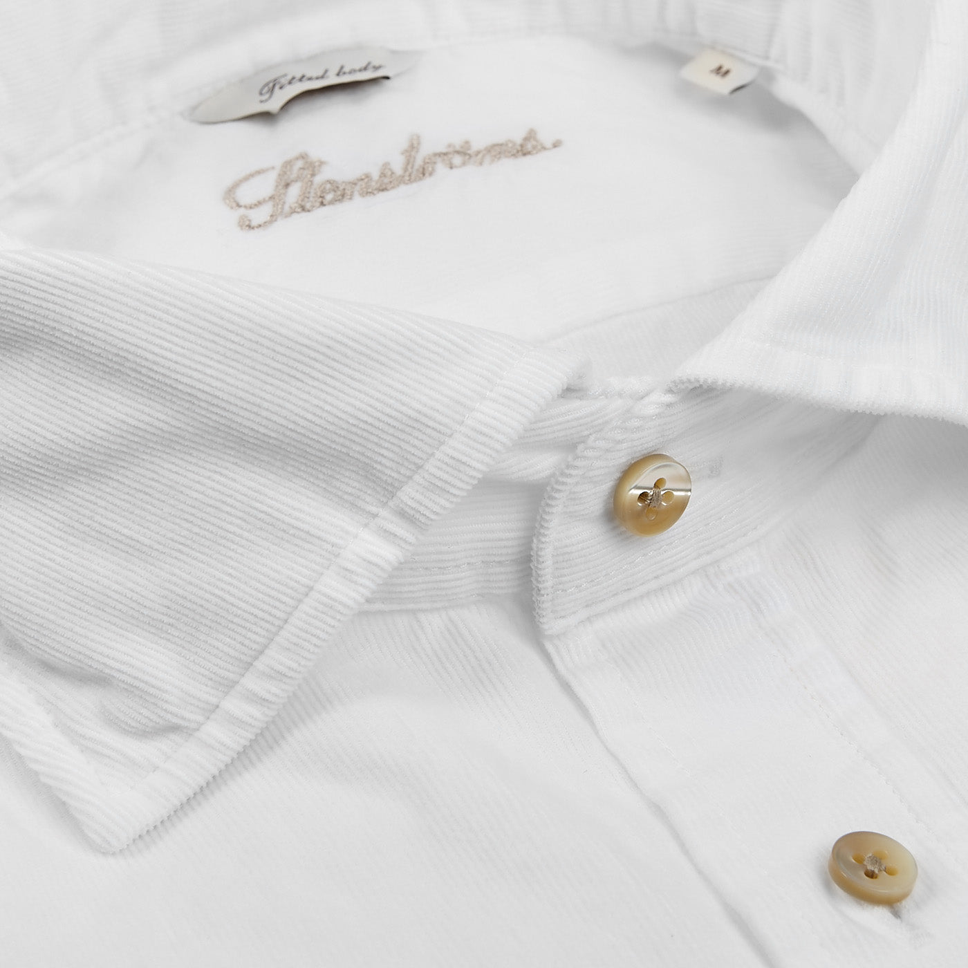 Stenströms White Cotton Corduroy Fitted Body Shirt Collar