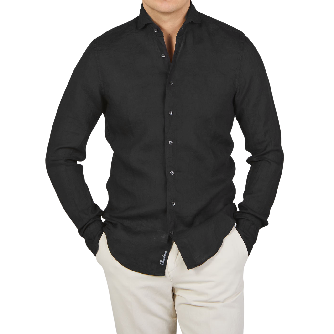 Stenströms Black Linen Cutaway Slimline Shirt Front
