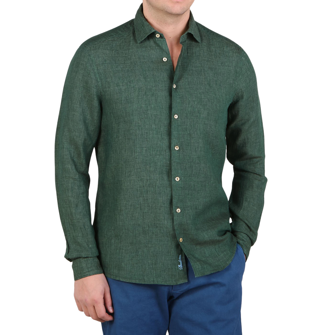 Stenströms Green Linen Cutaway Slimline Shirt Front