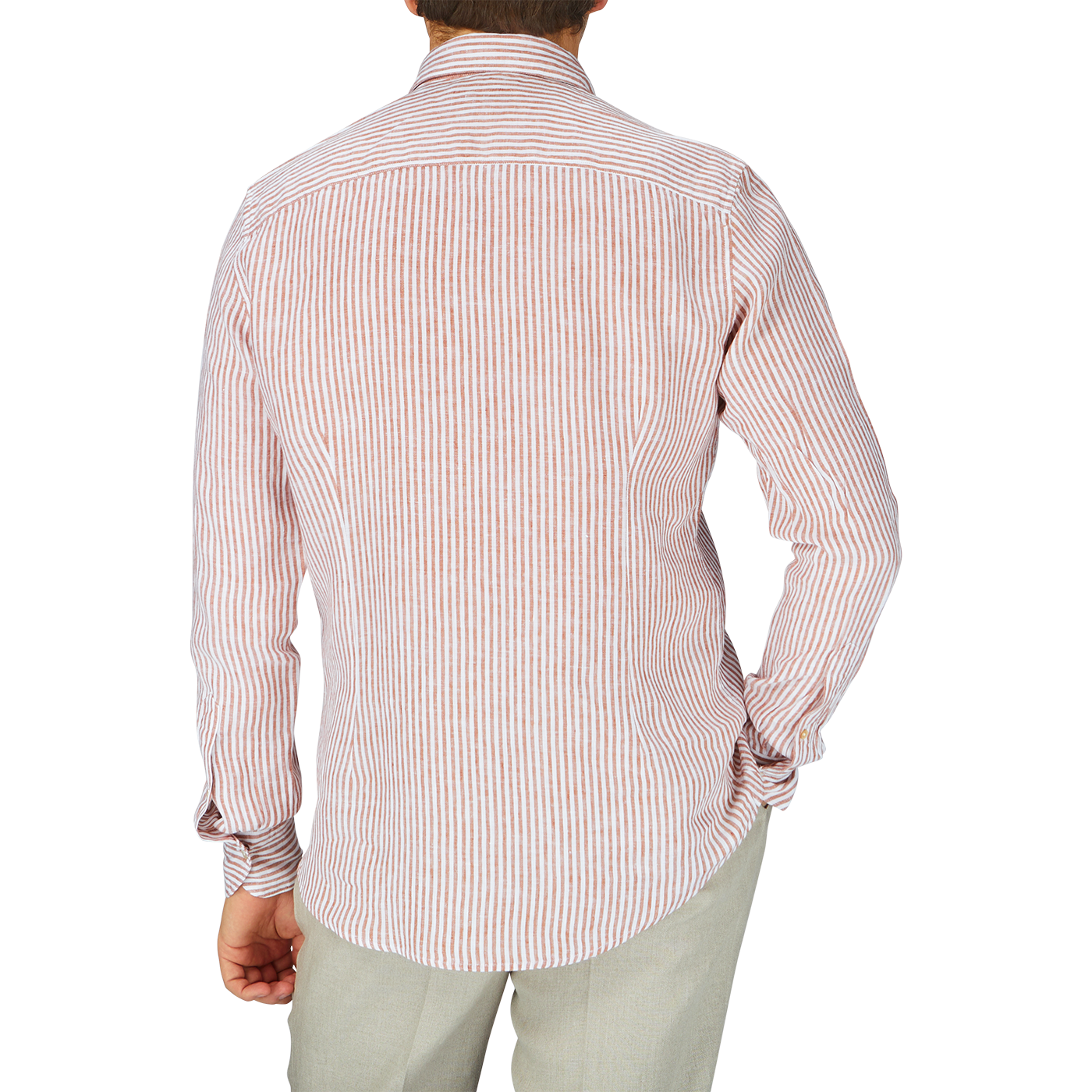 The man is wearing a Stenströms Dark Orange Striped Linen Slimline Shirt.
