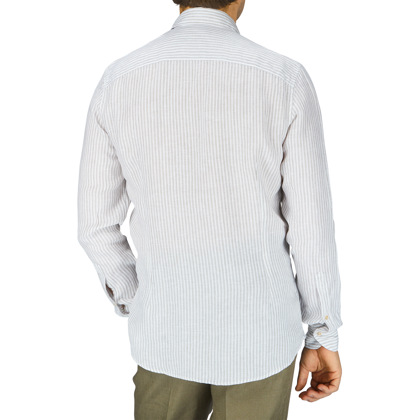 The man is wearing a white Light Grey Striped Linen Stenströms shirt and khaki pants, seen from the back.