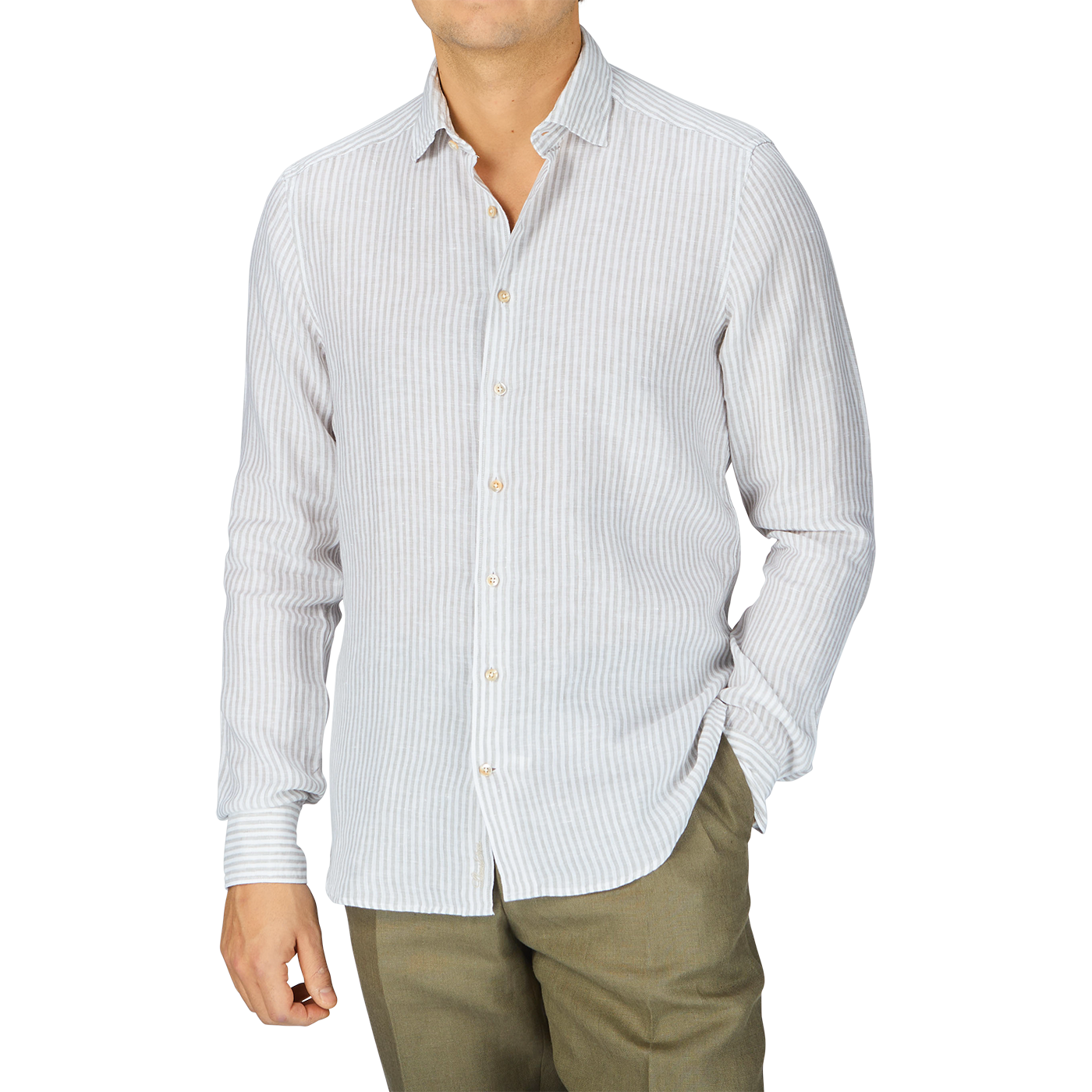 A man wearing a Light Grey Striped Linen Slimline Shirt by Stenströms and khaki pants.