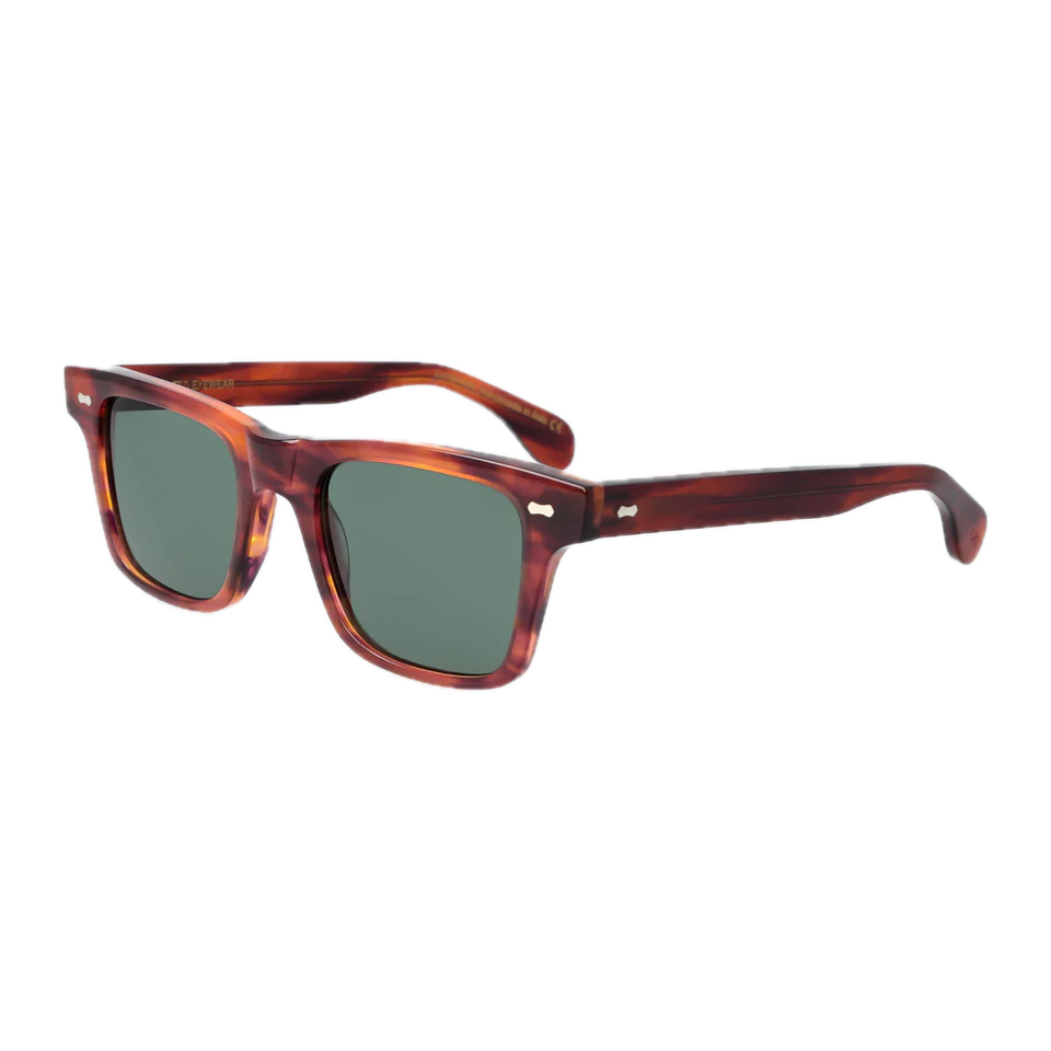 Handmade Denim Eco Havana Bottle Green Lenses 51mm eyewear by The Bespoke Dudes with dark lenses against a transparent background.