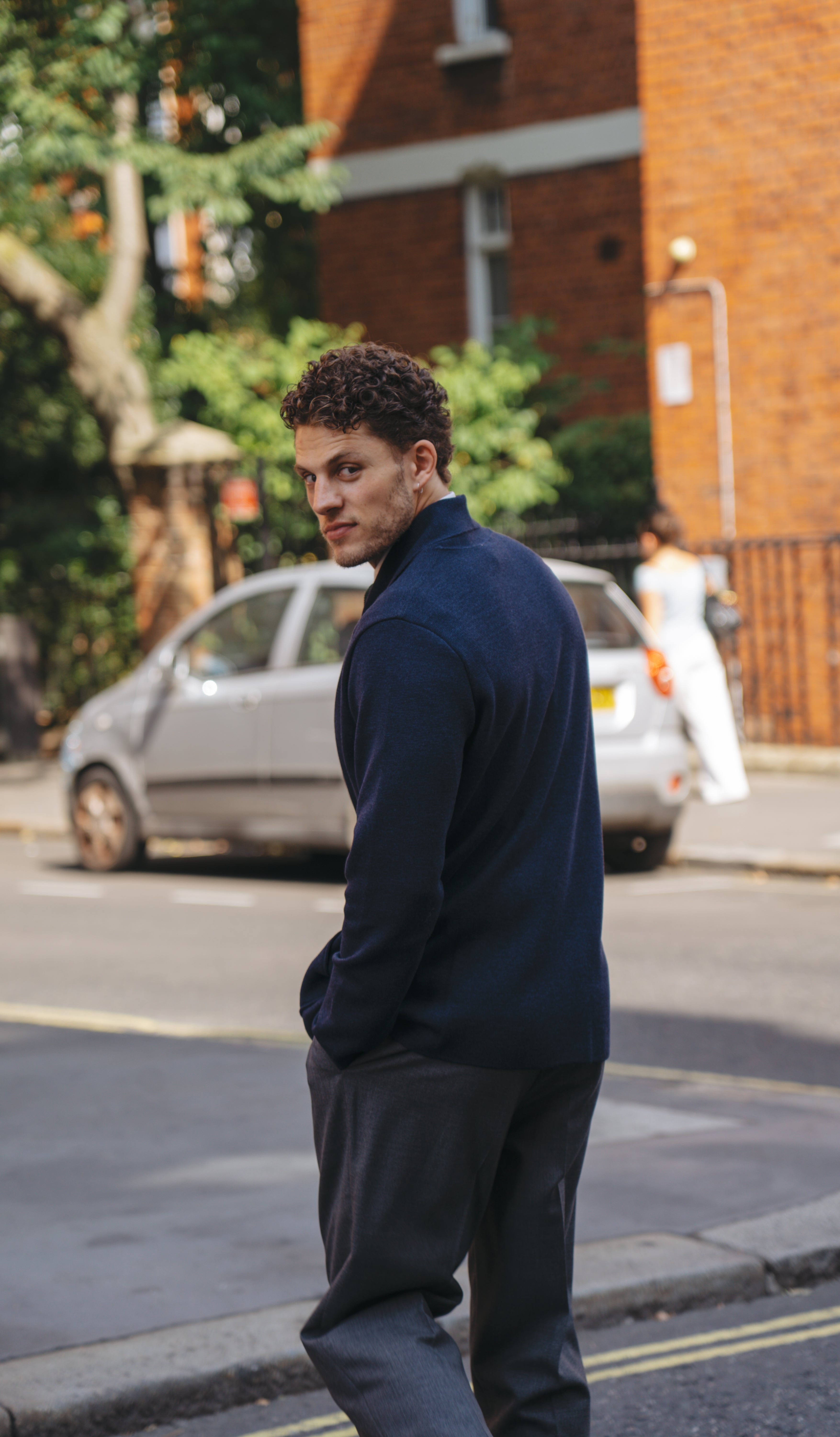 Navy Wool Milano Stitch Double Breasted Cardigan