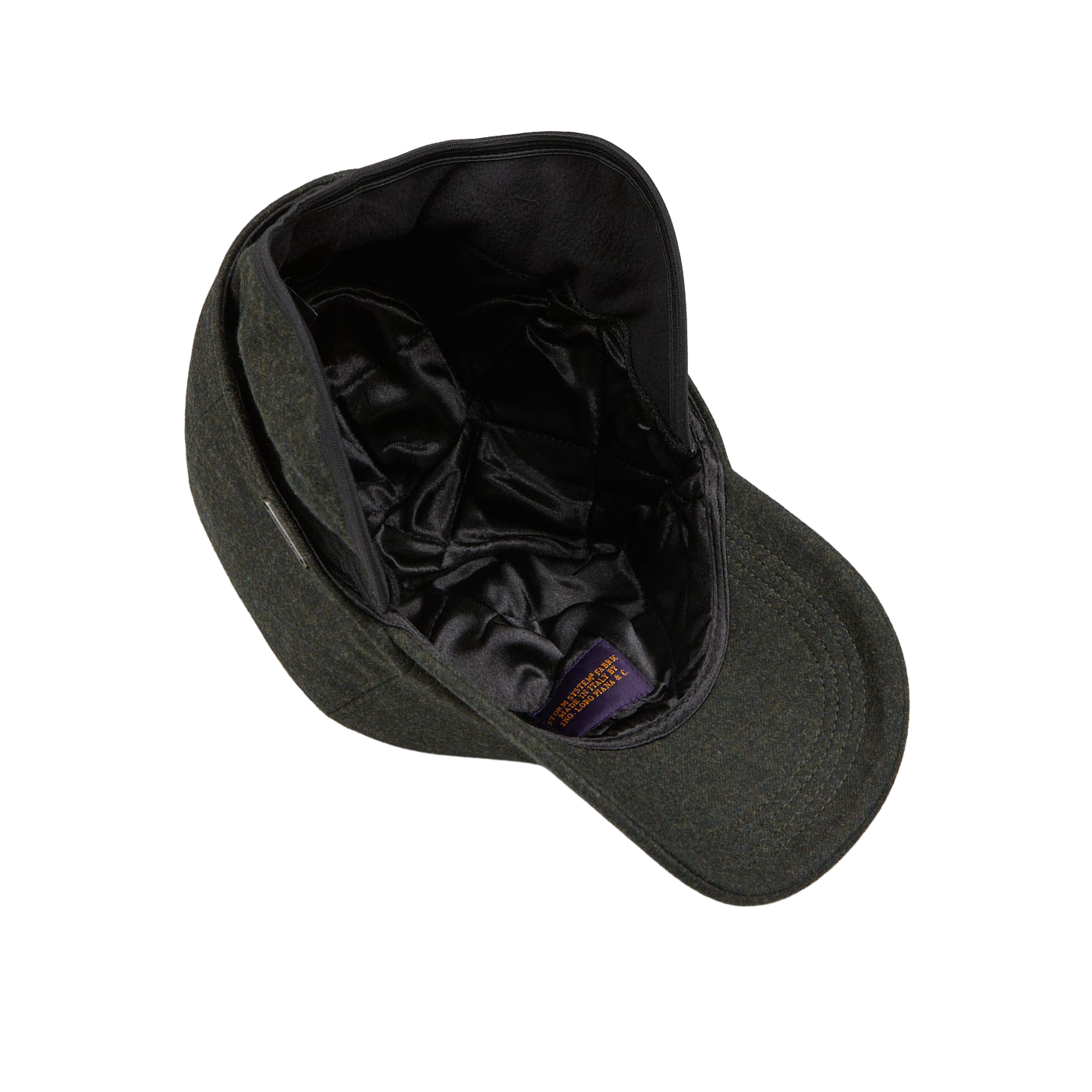 A hunter-green Wigéns tweed cap with a black lining made from Green Loro Piana Wool Cashmere.