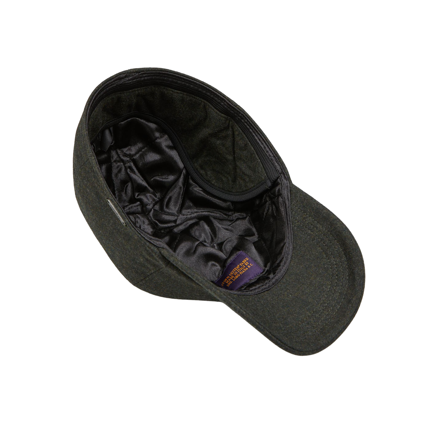 A Green Loro Piana Wool Cashmere Baseball Cap by Wigéns with a purple lining made of wool and cashmere.