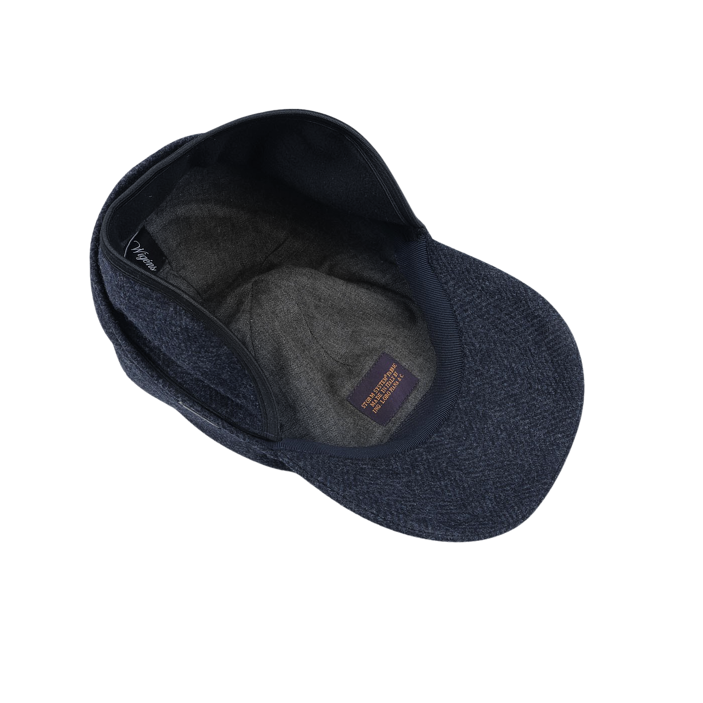 Top view of a Wigéns Dark Blue Herringbone Loro Piana Wool Baseball Cap featuring a grey inner lining, set against a light background.