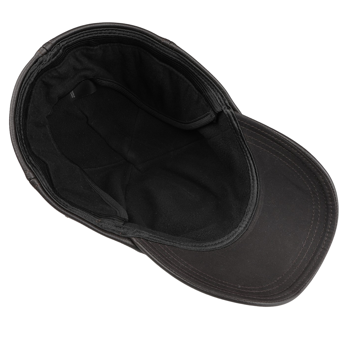 Inside view of the Wigéns Dark Brown Elk Leather Baseball Cap highlighting its intricate stitching and lining.
