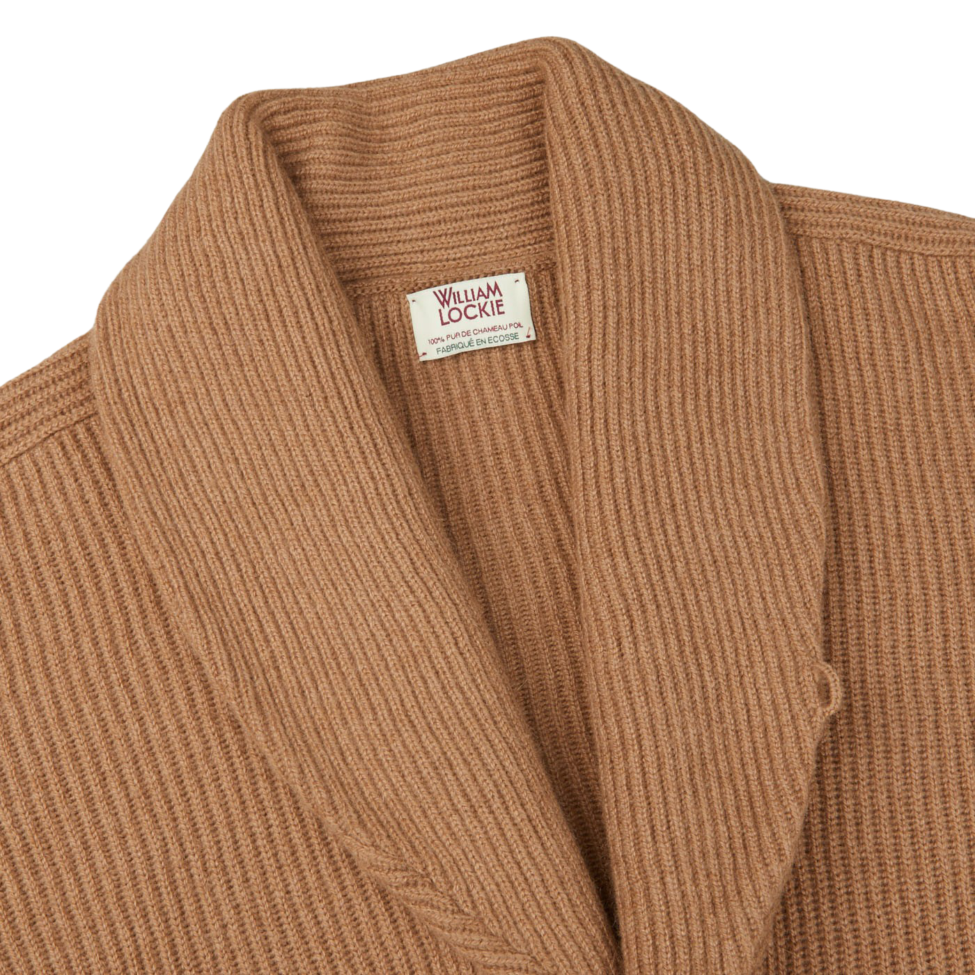 A William Lockie Brown Camel Hair Shawl Collar Cardigan sweater.