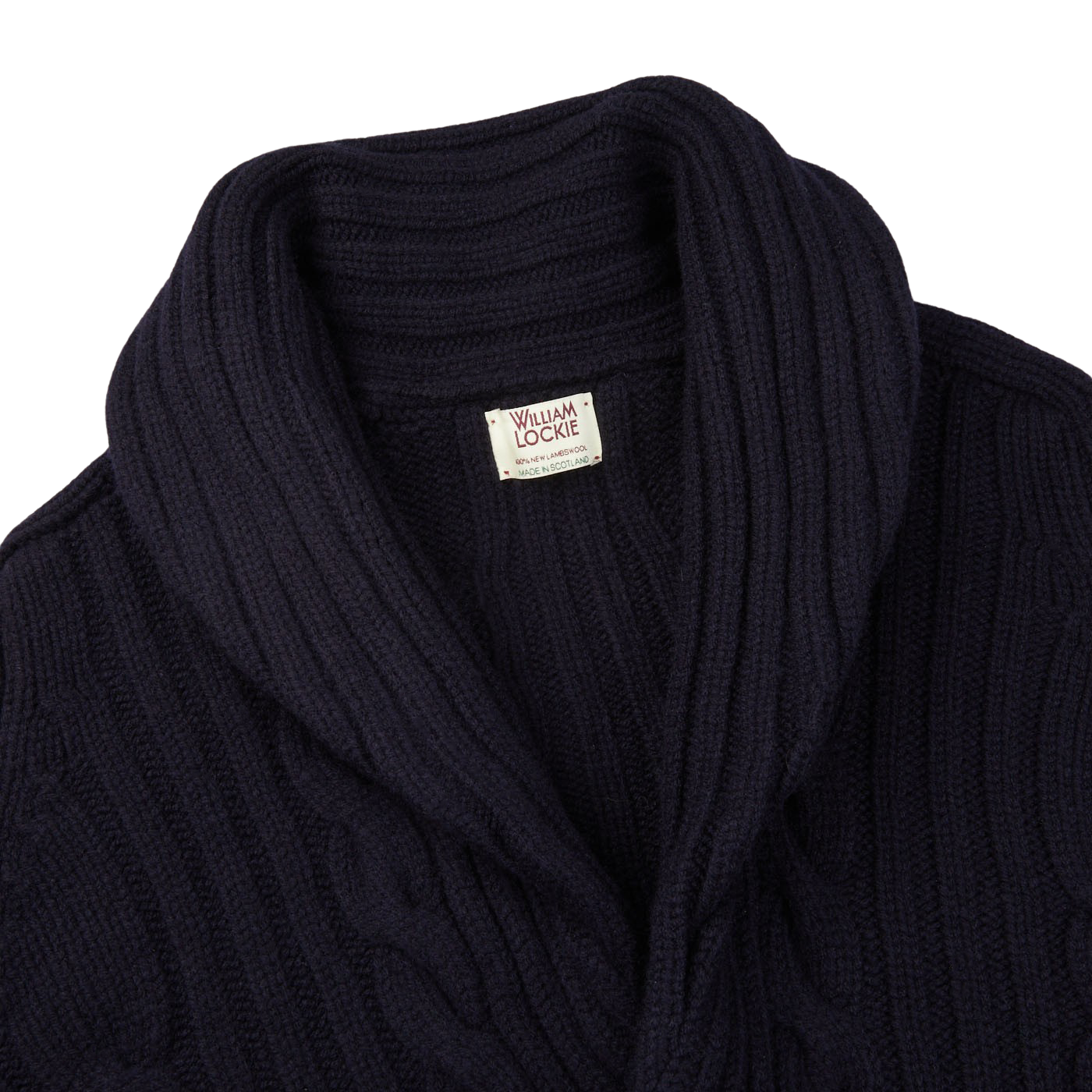 The William Lockie Navy Cable-Knit Lambswool Shawl Collar Cardigan, featuring a navy blue color and a cable-knit design, is displayed on a white background.