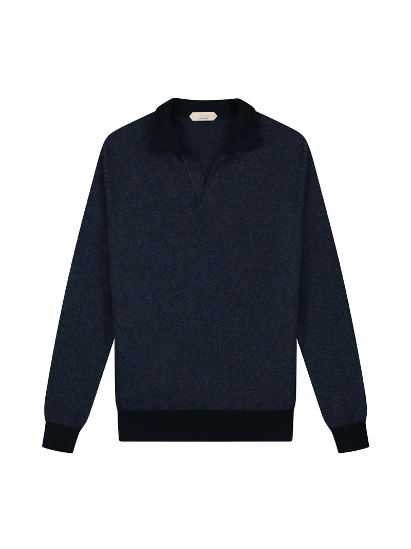 Navy Cashmere Jacquard Polo LS