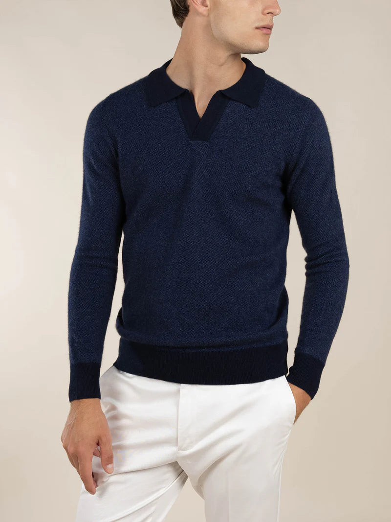 Navy Cashmere Jacquard Polo LS