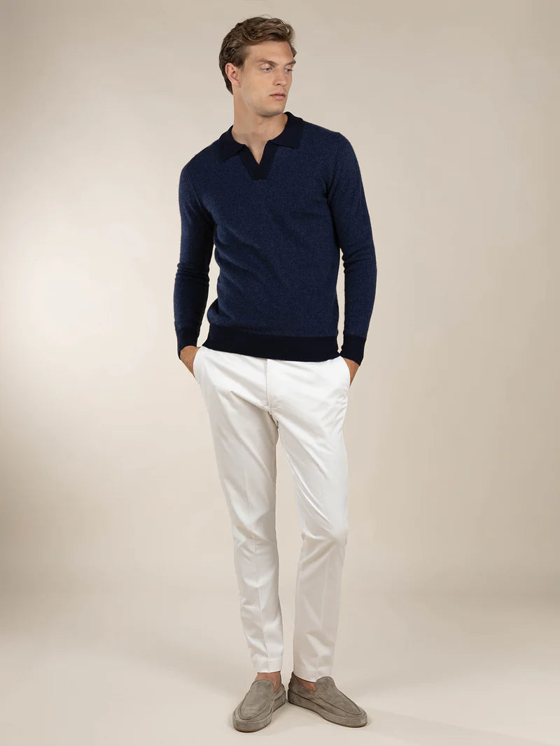 Navy Cashmere Jacquard Polo LS