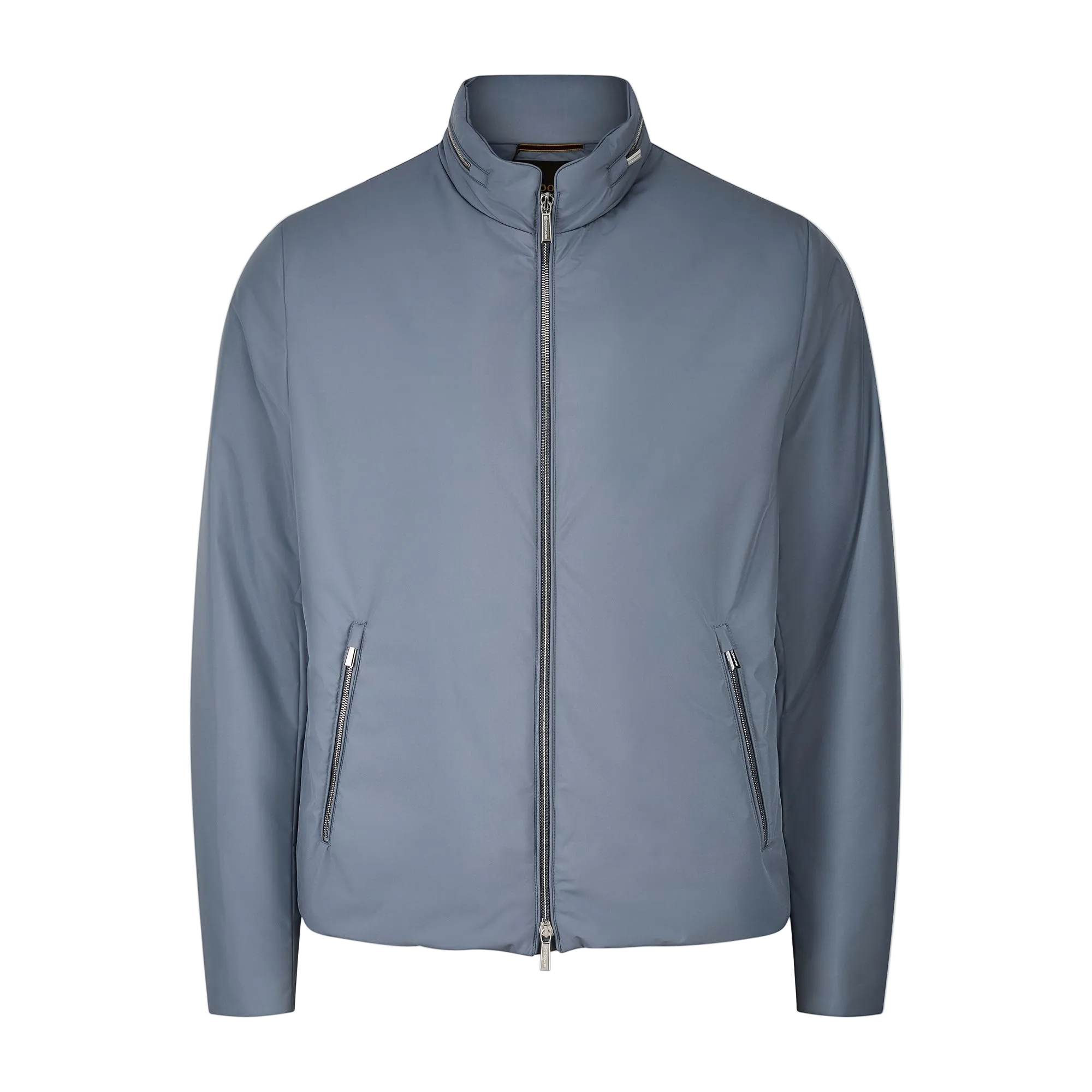 The Moorer Navy Blueberry Nylon Alcide Blouson is a men’s lightweight jacket with a stand collar, front zipper closure, two angled zippered pockets, long sleeves, and a smooth minimalist finish against a plain white background. , available at Richard Gelding Mayfair