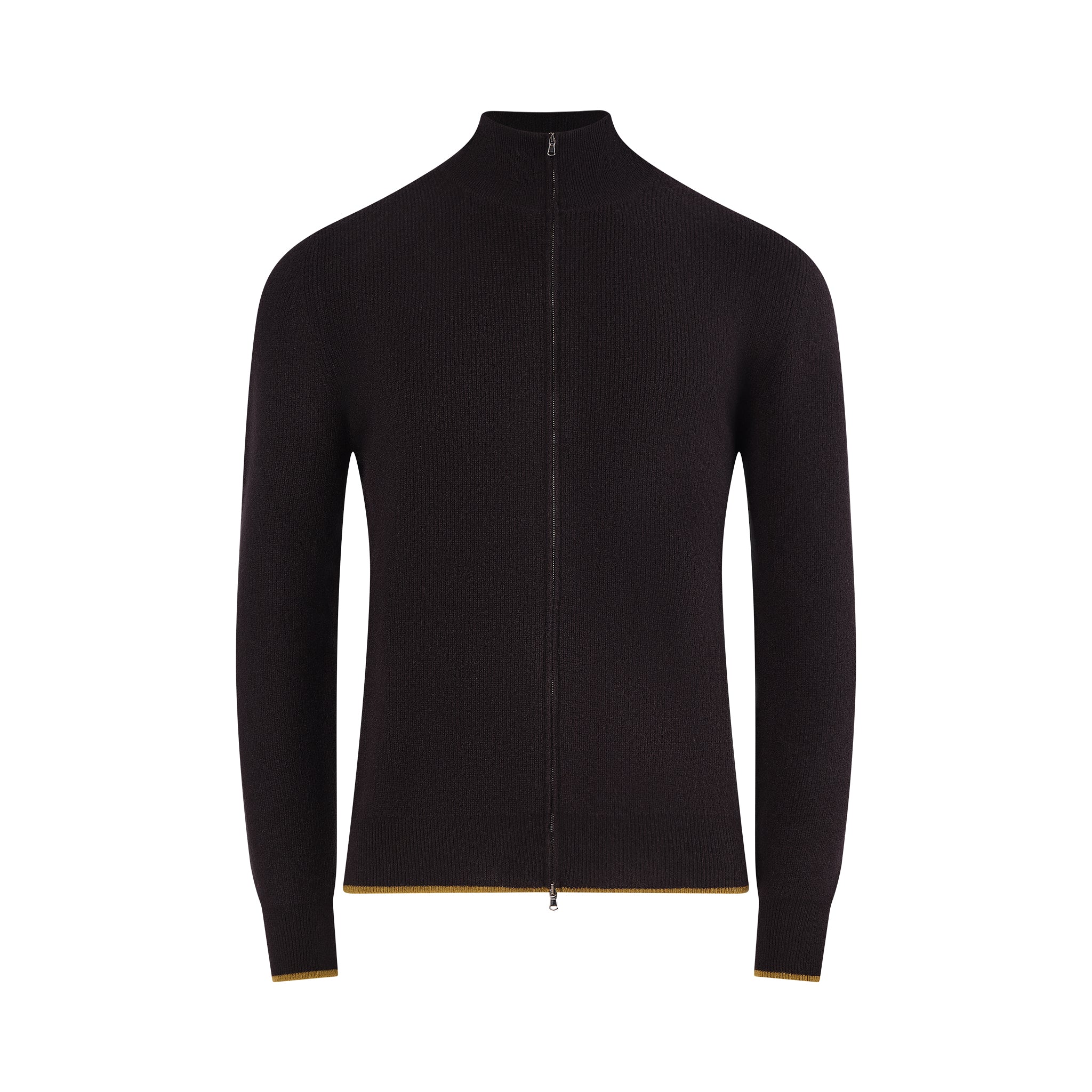 The TECHIN Black Cashmere Double Zip Sweater features long sleeves, a high collar, and vertical zippers. Subtle gold trim accents the cuffs and hem, providing contrast to the solid black design. Shown on a plain white background. , available at Richard Gelding Mayfair