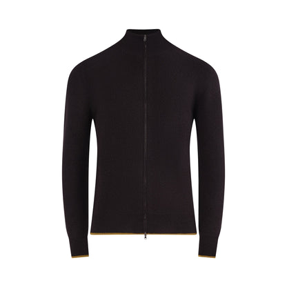 The TECHIN Black Cashmere Double Zip Sweater features long sleeves, a high collar, and vertical zippers. Subtle gold trim accents the cuffs and hem, providing contrast to the solid black design. Shown on a plain white background. , available at Richard Gelding Mayfair
