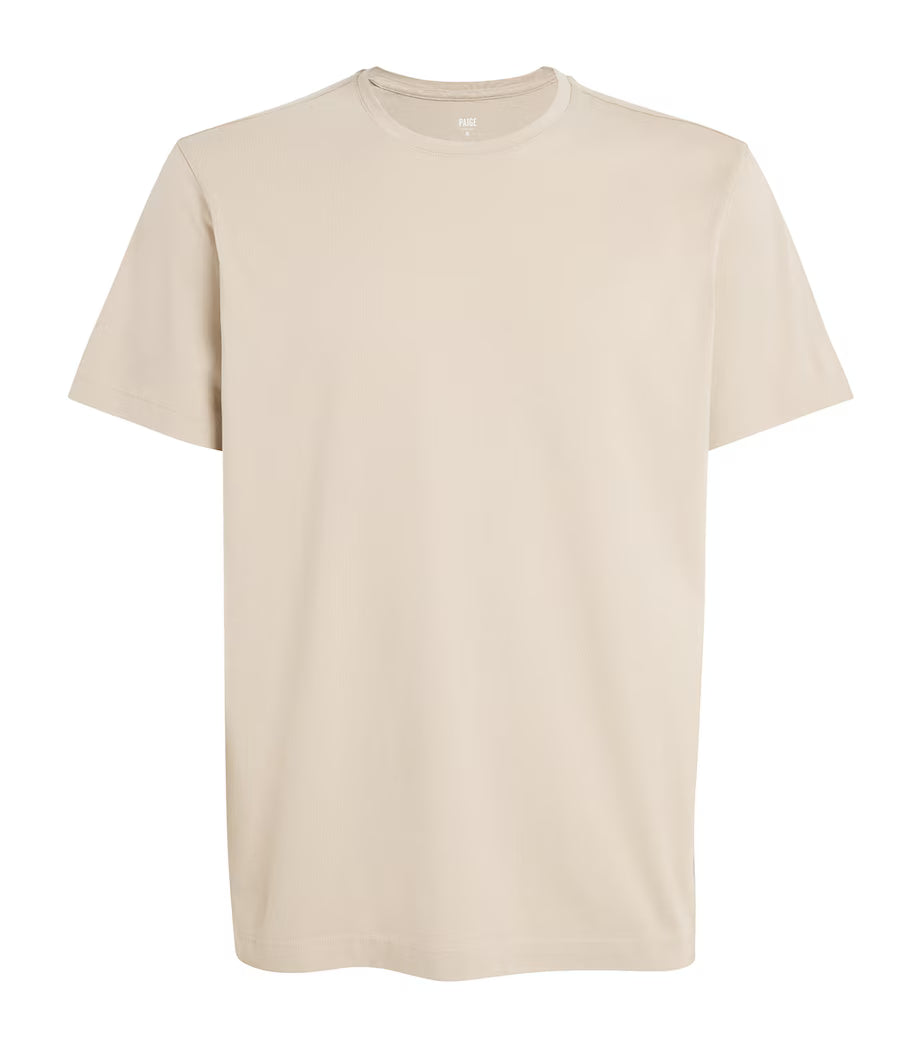 The Paige Natural Beige Cotton Sorden Crew Neck T-Shirt features short sleeves and a classic silhouette with no logos or patterns, offering a simple, minimalist look. Displayed against a white background. , available at Richard Gelding Mayfair