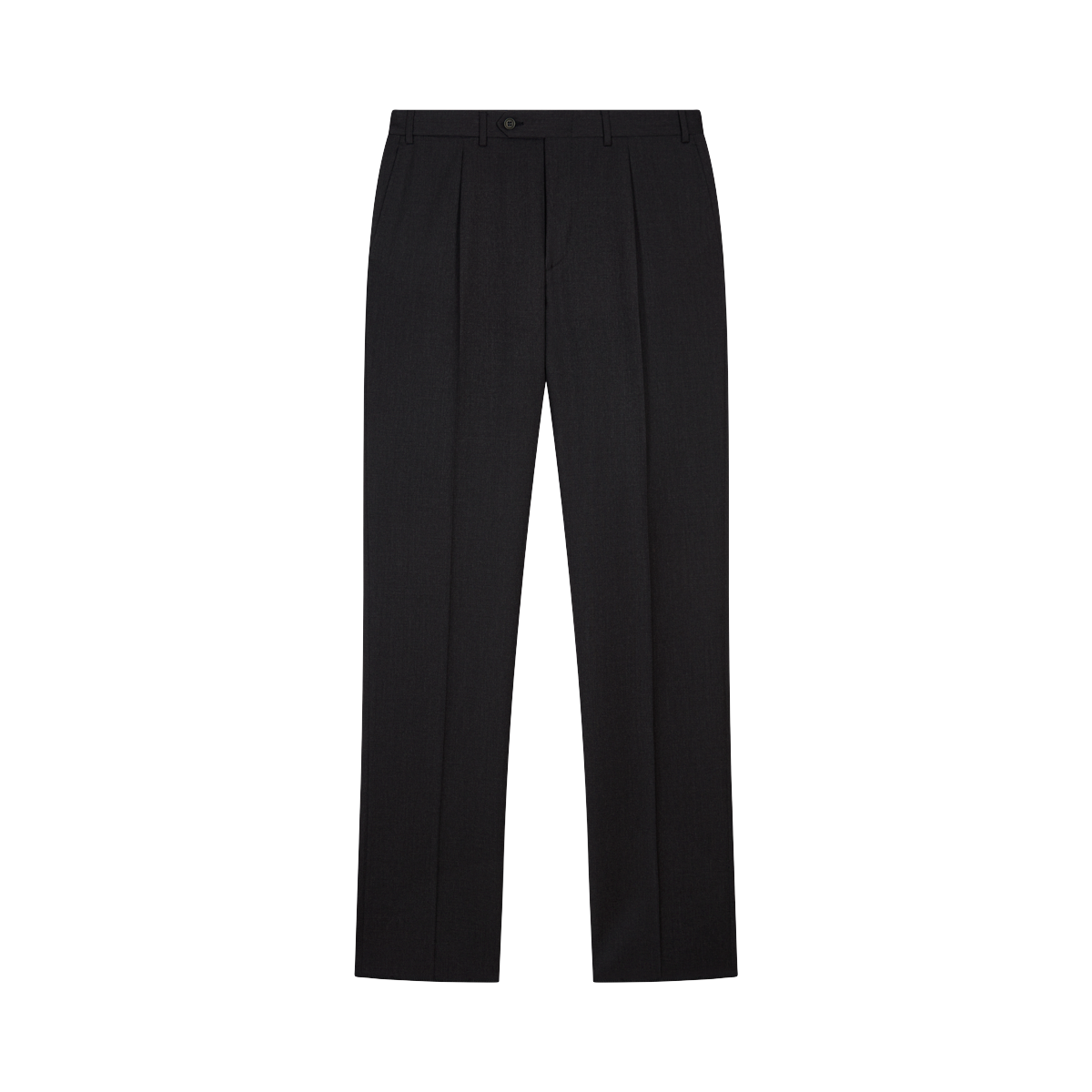 The Canali Black Flat Front Wool Trousers feature a straight-leg cut, belt loops, and button closure, shown laid flat on a plain white background. , available at Richard Gelding Mayfair