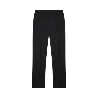 The Canali Black Flat Front Wool Trousers feature a straight-leg cut, belt loops, and button closure, shown laid flat on a plain white background. , available at Richard Gelding Mayfair