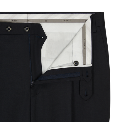 Navy Pleated 130s Wool Trousers