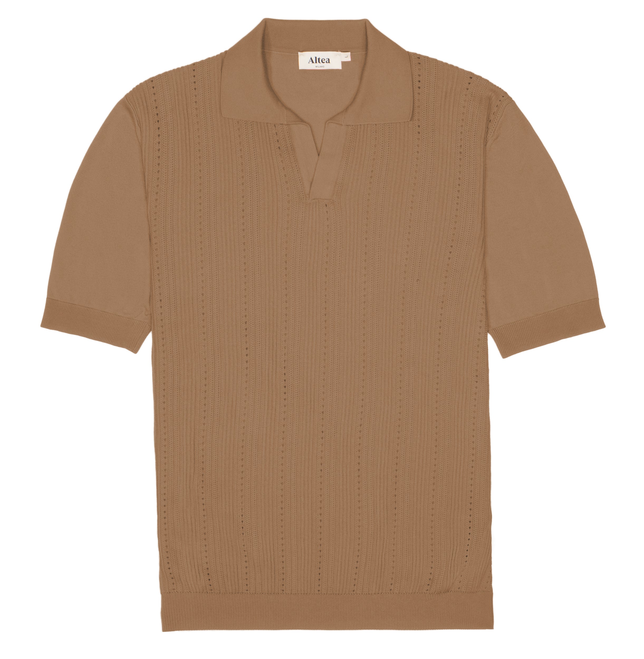 The Altea Caramel Brown Diamond Cotton Polo features short sleeves, a spread collar with V-neck opening, subtle diamond weave pattern, ribbed hems, and a small white Altea label inside the collar. , available at Richard Gelding Mayfair