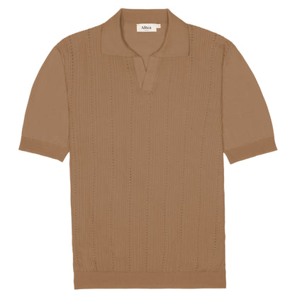 The Altea Caramel Brown Diamond Cotton Polo features short sleeves, a spread collar with V-neck opening, subtle diamond weave pattern, ribbed hems, and a small white Altea label inside the collar. , available at Richard Gelding Mayfair