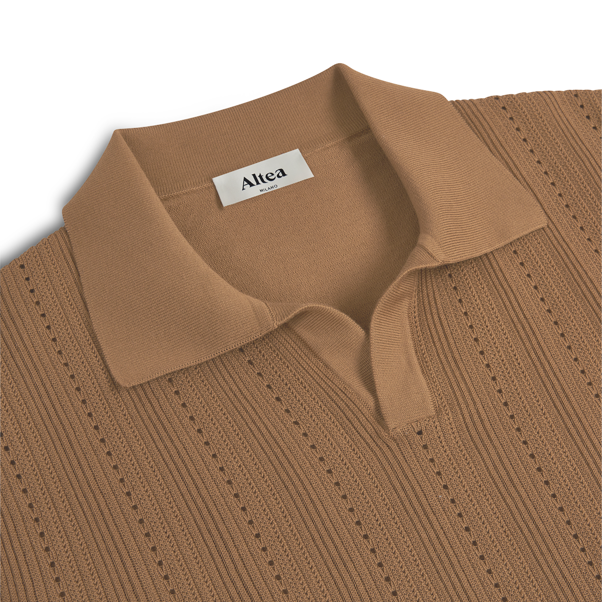 The Altea Caramel Brown Diamond Cotton Polo features a ribbed texture, diamond weave eyelet patterns, spread collar, short placket without buttons, and an Altea label inside the neckline. Background is white. , available at Richard Gelding Mayfair