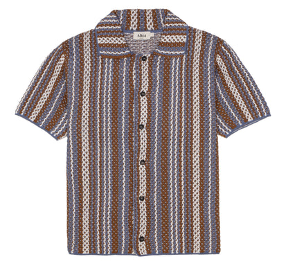 The Altea Brown Blue Cream Cotton Knitted Polo features short sleeves, a textured vertical stripe knit in brown, cream, white, and blue, plus a wide collar and dark buttons for a retro-inspired style—ideal for versatile travel wear. , available at Richard Gelding Mayfair