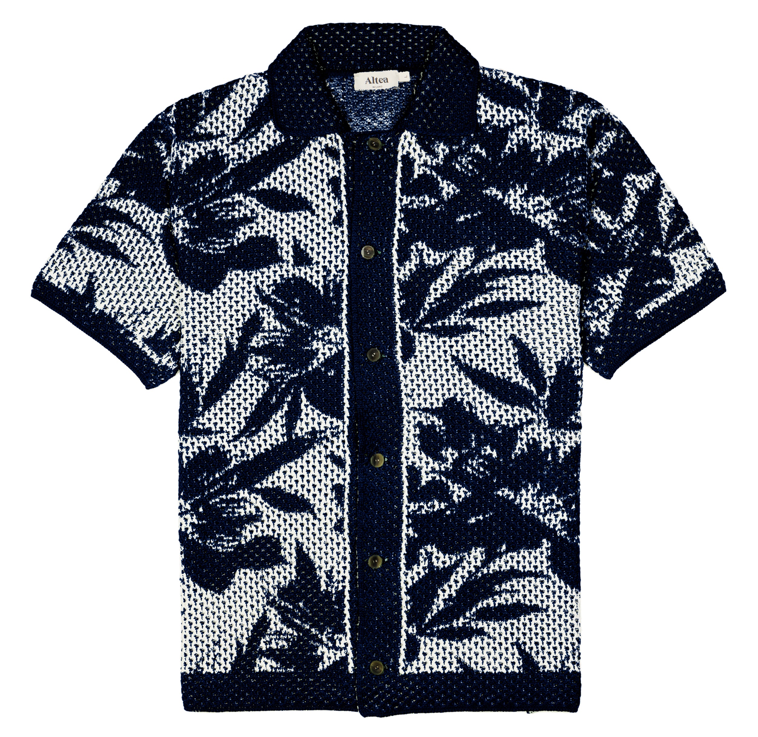 The Altea Navy Cream Cotton Flower Open Weave shirt is a short-sleeved, button-up knit made from breathable navy and cream cotton with a floral open-weave pattern, solid navy accents, and an Alice label inside the collar. , available at Richard Gelding Mayfair