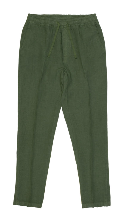 The Altea Army Green Linen Drawstring Trouser features an elastic waistband with a drawstring, straight-leg fit, and side pockets. The trousers are shown laid flat on a white background. , available at Richard Gelding Mayfair