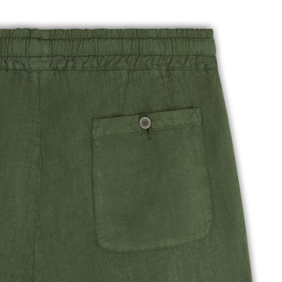 Close-up of Altea's Army Green Linen Drawstring Trouser featuring a textured finish, elasticated waistband, and a single buttoned back patch pocket, shown against a plain white background. , available at Richard Gelding Mayfair