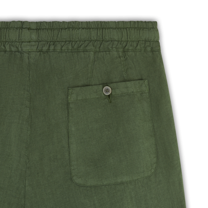Close-up of Altea's Army Green Linen Drawstring Trouser featuring a textured finish, elasticated waistband, and a single buttoned back patch pocket, shown against a plain white background. , available at Richard Gelding Mayfair