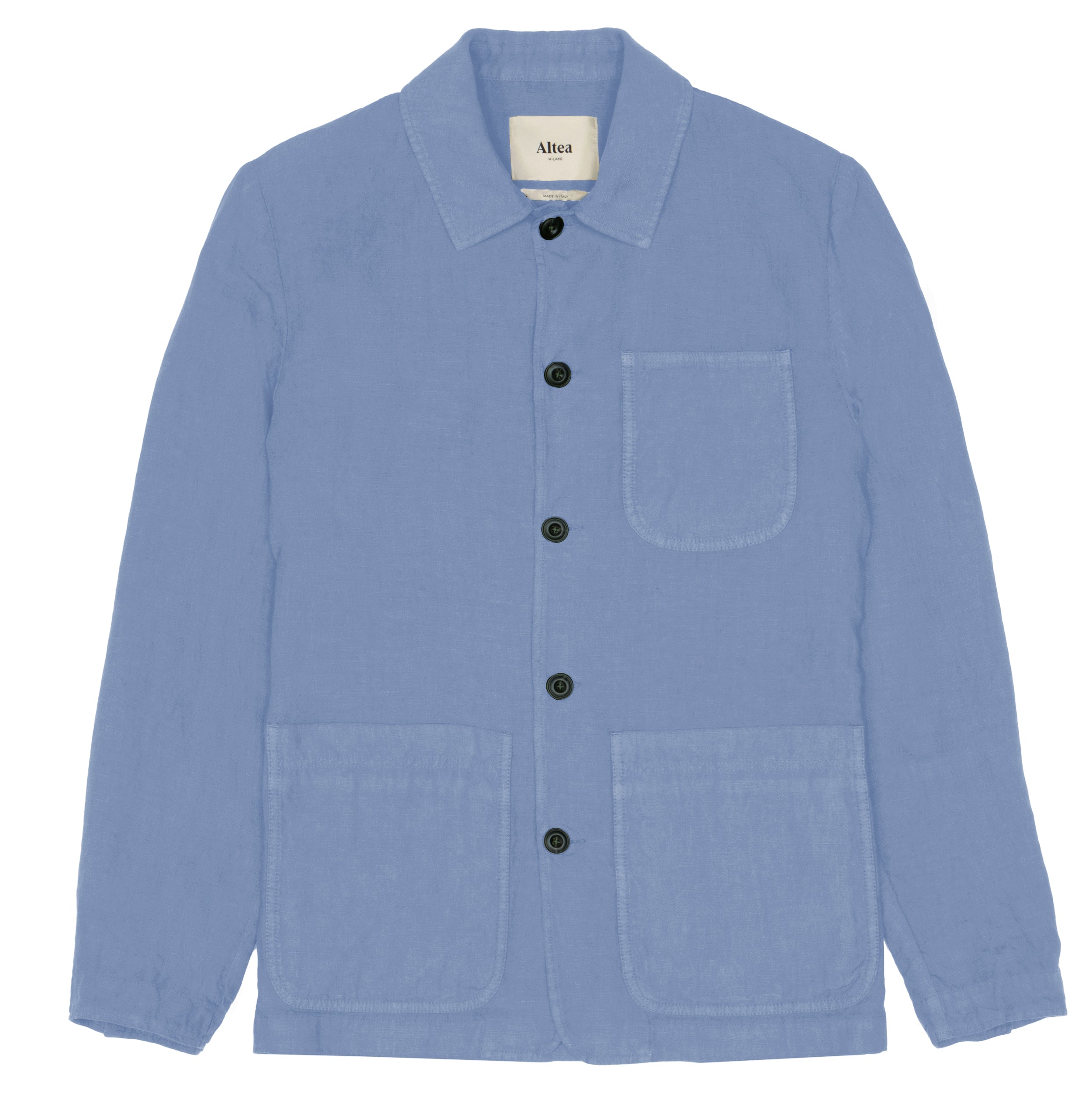 The Altea Sugar Packet Blue Linen Chore Jacket features classic Italian style with a collar, black buttons, three patch pockets, an inner label, and textured light blue fabric for added character. , available at Richard Gelding Mayfair