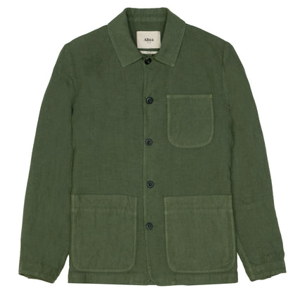 The Altea Army Green Linen Chore Jacket features a collar, button-down front, long sleeves, and three patch pockets. Crafted from textured linen in a workwear style, it sports an “Altea” label inside. , available at Richard Gelding Mayfair
