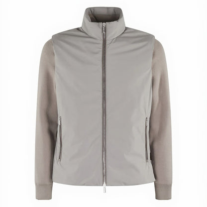 The Moorer Ivory Avorio Removable Sleeve Evan Bomber features a light gray, high-collar design with zippered front and pockets, combining sleek panels with matte sleeves and sides. Shown against a plain white background. , available at Richard Gelding Mayfair