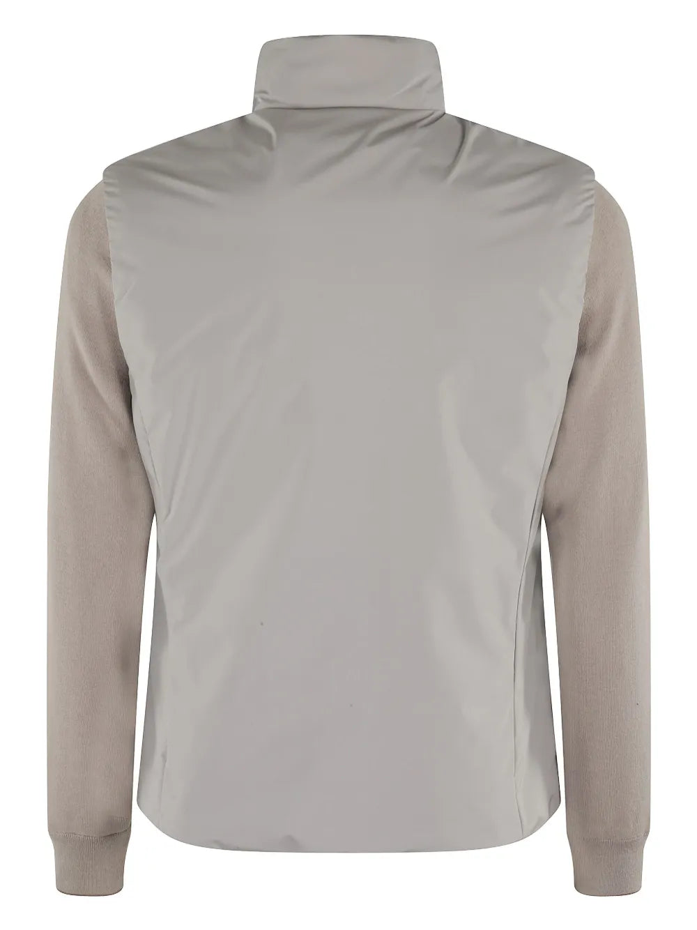 Back view of the Moorer Ivory Avorio Removable Sleeve Evan Bomber, featuring a high collar and contrasting darker beige fabric on sleeves and sides for a minimalistic look—perfect outerwear for the modern adventurer. , available at Richard Gelding Mayfair