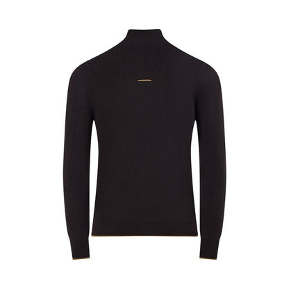 The image displays the back of the TECHIN Black Cashmere Double Zip Sweater, featuring long sleeves, a high collar, a small gold accent on the upper back, and gold-trimmed cuffs and hem. The sweater is laid flat on a white background. , available at Richard Gelding Mayfair