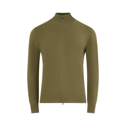 A front view of the TECHIN Green Cashmere Double Zip Sweater, featuring olive green knit, long sleeves, a full-length double zipper, mock neck collar, fitted silhouette, ribbed texture, and simple cuffs and hem without patterns. , available at Richard Gelding Mayfair