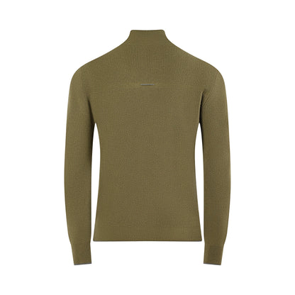 The TECHIN Green Cashmere Double Zip Sweater features long sleeves, a ribbed texture, and a high mock neck. Shown from the back, it has a simple, fitted design with no visible logos or patterns. , available at Richard Gelding Mayfair